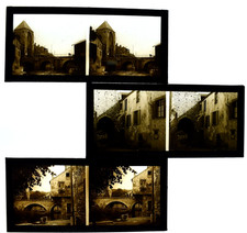 3 PHOTOS STEREO PLAQUE DE VERRE POSITIF MORET PONT LE LOING PORTE DE BOURGOGNE