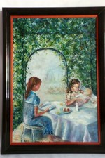 Jeunes filles avec nourrisson sous la Pergola. HST - Non signé.