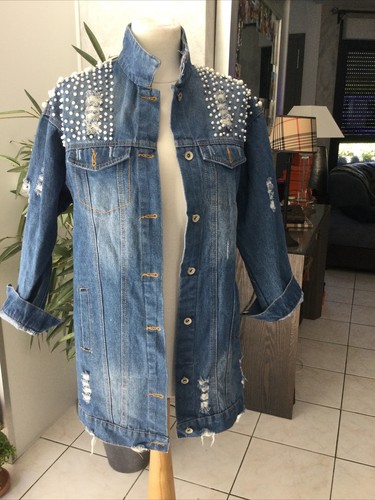 Veste jean longue perles - jean,