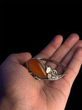 Superbe bracelet ancien Art Nouveau en argent massif et ambre – signé (WM)