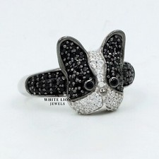 Bague En Zircon Cubique 925 Argent Pour Chiot Bouledogue Français Noir Et Blanc
