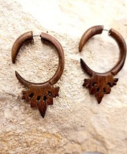 Faux écarteur en bois,boucles d'oreilles ethnique, gauge,paire, anneau créoles