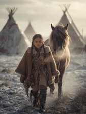 Photo A4 Lakota Sioux – jeune fille dans la neige avec cheval – 1200