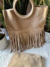 Sac shopper c/ franges fille en daim véritable pochettes beige - bandoulière