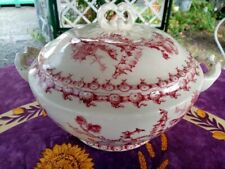 Soupière Ancienne Porcelaine Opaque Gien Modèle Chardons Décor Floral Rose 30cm