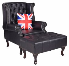 Fauteuil à Oreilles TV Chesterfield Avec Tabouret Bergère Antique