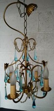 Vintage Blue Glass Drops Gilt Chandelier Light Macaroni Beads