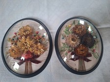 2 CADRES OVALS VERRE BOMBÉ, BOUQUETS FLEURS SÉCHÉES NATURELLES, CADRE NOIR