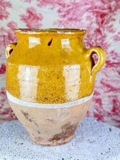 Ancien  pot a confit terre cuite émaillé jaune Vert faïence Sud Ouest 19 ème