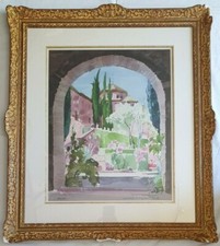 Tableau, peinture, Aquarelle de JEAN. A. MERCIER, GRENADE , Arche d'un jardin