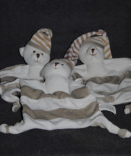 Lot 3 🍀Doudou Ours Plat Blanc Rayé Gris Taupe CREDIT MUTUEL 4 Nœuds TTBE