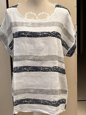 JOLIE BLOUSE TUNIQUE ITALIE Fond Blanc T44 RAYURES MARINE TAUPE COTON/LIN