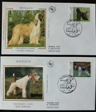 FDC MONACO ENVELOPPES 1 ER JOUR SUR SOIE Expo Canine, Lévrier Afghan Fox Terrier
