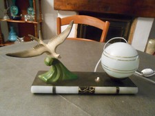 LAMPE DE CHEVET ART DECO MOUETTE SUR ROCHER SOCLE MARBRE