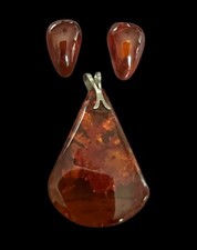 Parure ambre boucles d’oreilles et pendentif sur argent Vintage ancien