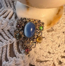 Broche clip pierre naturelle calcédoine bleu filigrane plaqué or ancien Art Déco