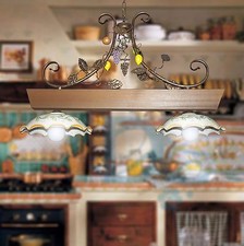 Lustre Barbell Rustique 2 Lumières Fer Forgé Bois Céramique Caltagirone