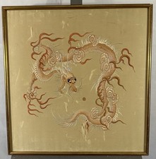 Ancien tissu brodé sur soie Chine XIXe - XXe : dragon à la poursuite de la perle
