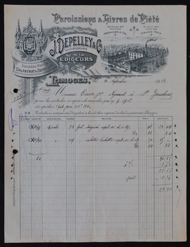Billhead facture limoges 1913 - limoges,