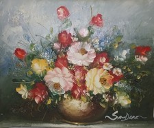 Tableau nature morte bouquet de fleurs peintes à l huile signé Sanders 