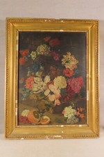 ANCIEN SUPERBE TABLEAU HUILE PANNEAU FLEURS INSECTES MONOGRAMME SIGNE EMPIRE
