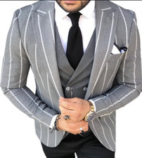 Designer Business Gris Bleu à Rayures Fines Costume pour Hommes Gilet Slim Fit