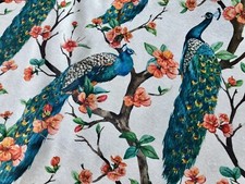 Tissu rideau de jardin rose à fleurs paon oiseau 140 cm de large pêche et tur...
