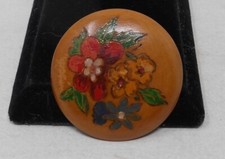 Superbe broche ancienne en bois - Décor fleurs peint
