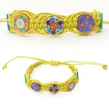 BRACELET femme ou enfant réglable coton ciré JAUNE millefiori fimo multicolore