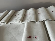 Service De Table 1920 Lin Damassé Perdrix chasse Monogramme Nappe 12 Serviettes