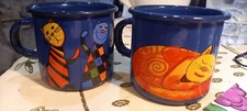 lot x 2 Tasses en métal émaillé bleu mug