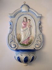 Ancien Bénitier Vierge à l'Enfant Faïence de Gien XIXe Siècle