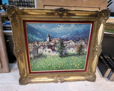 SATIN - Vue de village post pointilliste. Huile sur toile signée. 46 x 55 cm.