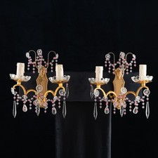 Vintage French Opaline Glass Pink Sconces Drops Crystal Beads Wall Lights 1950s