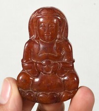 6CM Old Jade Kwan-yin Guan Yin Goddess Lotus Flower Sit Buddha Amulet Pendant