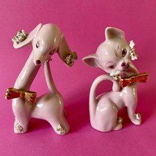 Figurines chat et chien vintage porcelaine spaghetti rose 50s 60s kitsch Japon