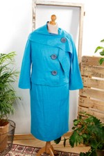 Vente Vintage Orig 50S 60S Costume Turquoise Lin Jupe Veste Secrétaire L