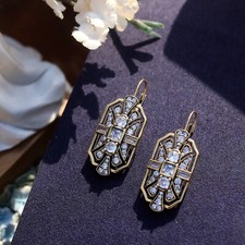 Boucles d'oreilles Dormeuses Doré Vieille Art Deco Rectangle Serti de CZ SA1