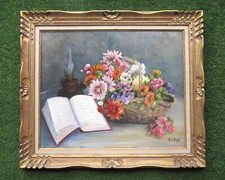 Grand tableau nature morte au bouquet de fleurs Livre Lampe à Pétrole, cadre 12F