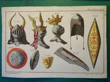 GRAVURE COULEUR XVIII° CHEVALIER ARMURE COTE DE MAILLE BLASON CASQUE COURONNE