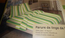 parure de lit 2 pers housse couette + taies "rayures vertes" 240 x 220 cm, neuve