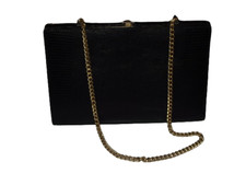 Sac en lézard noir des années 50 porté main à fermoir laiton