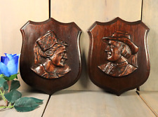 French Antique PAIR Hand Carved Wooden BRETON Wall Panels Figural Pediment