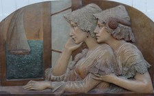 GRAND & RARE BAS-RELIEF ART-NOUVEAU 1900 -FEMMES PENDANT LE RETOUR DES PÊCHEURS