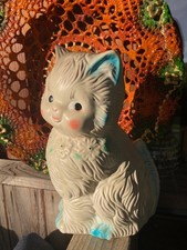 Grande tirelire chat en céramique vintage,  blanc et bleu. 1960.