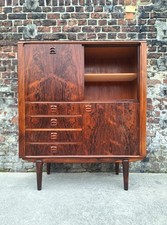 Enfilade vintage en palissandre, meuble secrétaire ancien, bibliothèque, bar