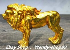 3.5" Old Chinese Dynasty Copper Gilt Feng Shui Lion lion-ruler Animal Statue