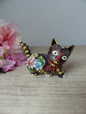 Figurine de chat cloisonné vintage, motif fleurs