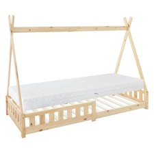 Lit d'enfants en bois naturel tente indienne avec côtés avec matelas 200x90 cm