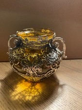 Superbe Petit Vase Art Nouveau Verre Ambré & Monture Métal Argenté